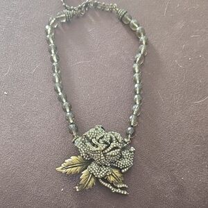 Heidi Daus Antique Gold Rose Pendant Necklace with Gunmetal Beads